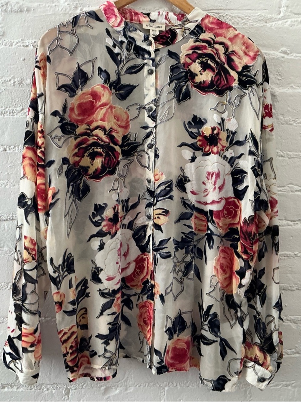 Tribal Jeans Floral Velvet Burnout Blouse Sheer Button Up Top Whimsigoth Size M
